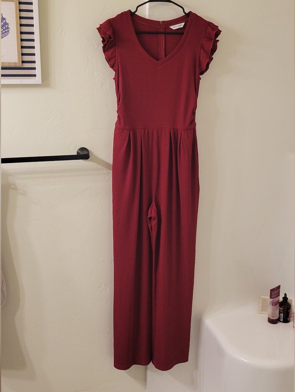 Women’s Burgundy V-Neck Jumpsuit with Ruffle Sleeves